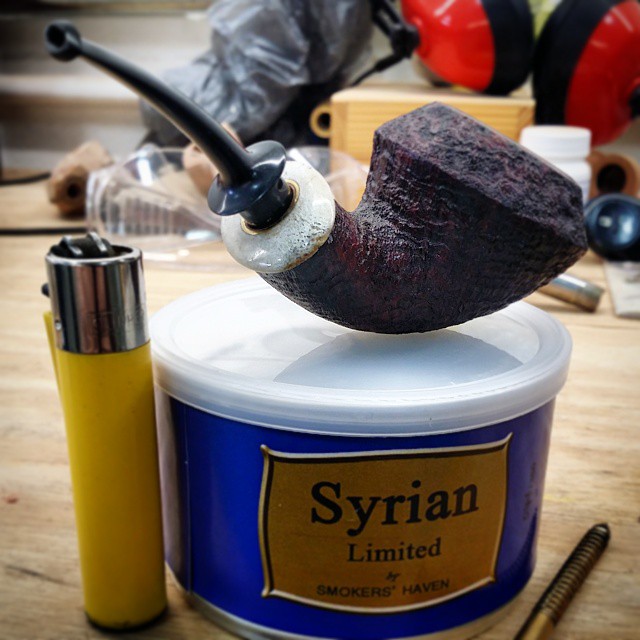 Getting ready to pop my tin of limited release @smokershaven Syrian from the #ChicagoPipeShow. Going to enjoy it in my @steveliskeypipes rhodesian. #pipetobacco #artisanpipe