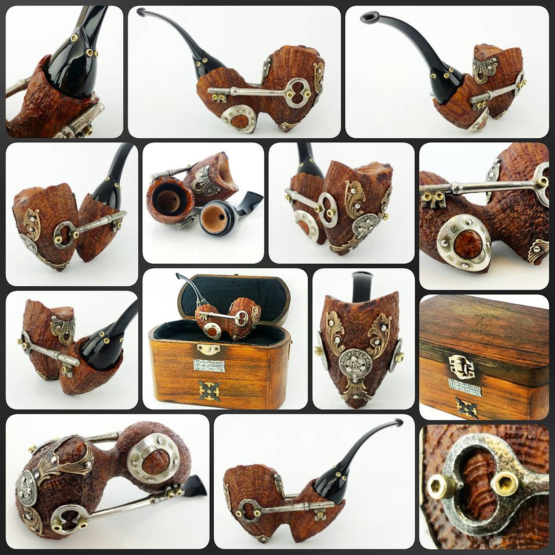 Here is the #SteamPunk pipe in its entirety! Reverse calabash design and includes a custom made case.

#artisanpipe #artisanpipeshop #pipeplayground #briarlab #nkpwhq #blwhq #pipepix #indianapolis #indiana #smallbusiness