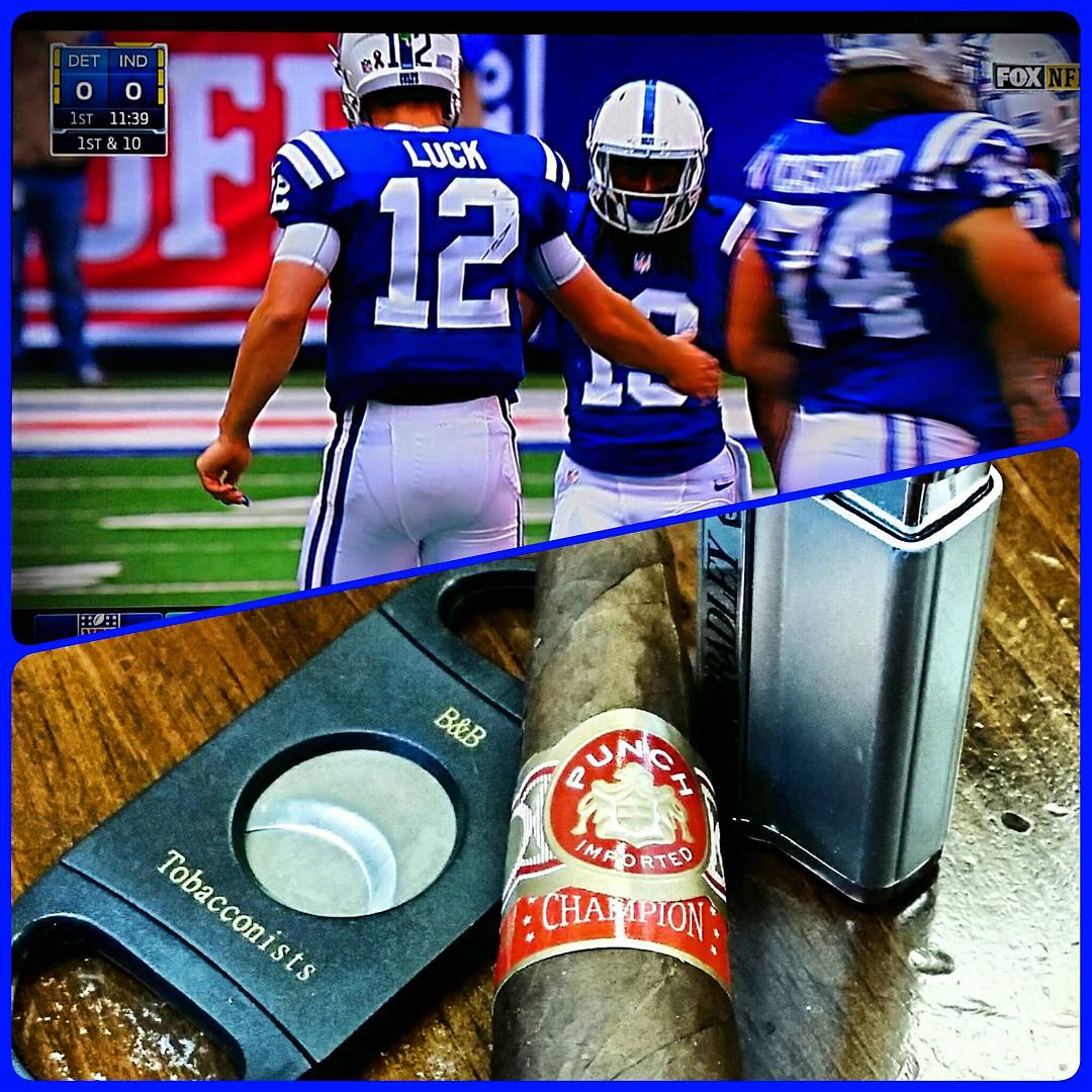 Taking a break from pipemaking to watch the Indianapolis Colts play the Detroit Lions while I enjoy a birthday gift from @joe_hinkle_pipes. #Punch #Champion #cigar #GoColts!