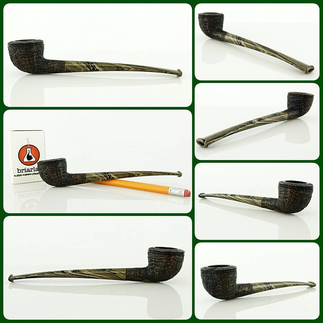 Right off the bench, a small and suuuuper light rhodesian! Black ‘antique’ blast with beautiful cumberland tapered stem. Pipe is 5.81″ long and weighs a mere .5 oz (13g). Left-center image has pencil and matchbox for size relation.

Contact me if interested: nate@natekingpipes.com 
#artisanpipe #artisanpipeshop #pipeplayground #briarlab #nkpwhq #blwhq #pipepix #indianapolis #indiana #smallbusiness #nowavailable