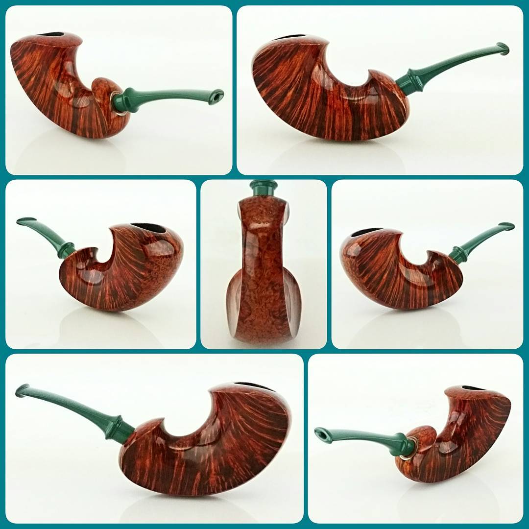 Just off the bench, a beauty of a horn! My first of this style, was absolutely fun to make. Orange over black contrast with a blue-green military mount stem to complement. Mount stabilization ring is titanium. 
#artisanpipe #handmade #luxurypipes #artisanpipeshop #pipeplayground #briarlab #nkpwhq #blwhq #pipepix #indianapolis #indiana #smallbusiness #nowavailable
